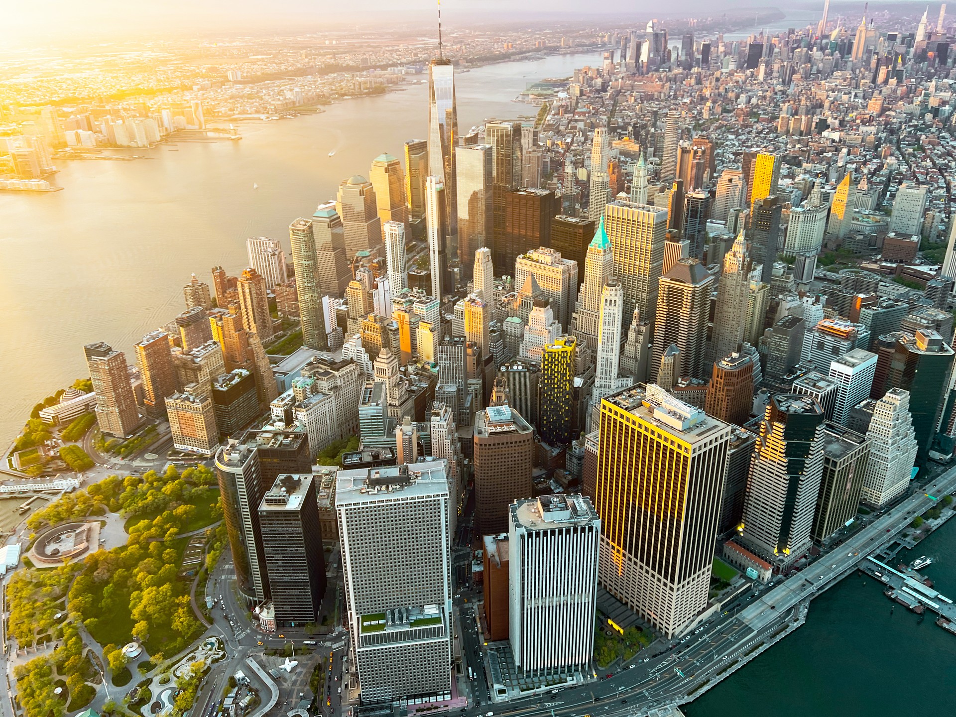 Manhattan Skyline aerial view evening sunset time